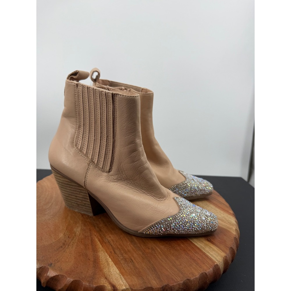 Matisse Blake Bootie Women 7 Tan Leather Rhinestone Toe Western Block Heel Ankle